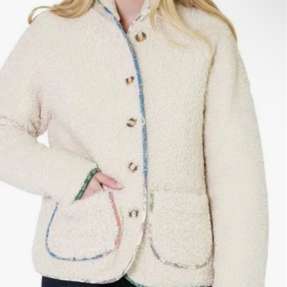 MABLE by anthropology Off-White Teddy Jacket with Colorful trim